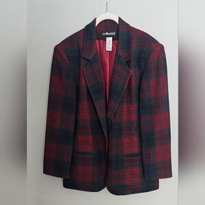 Vintage Plaid Blazer Women 14P 90s Dark Red Green Academia Career Wool Blend